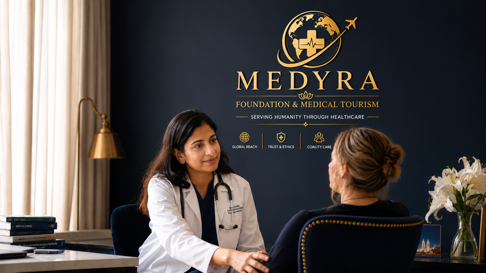 A MEDYRA consultant with an international patient in a partner hospital consulting room